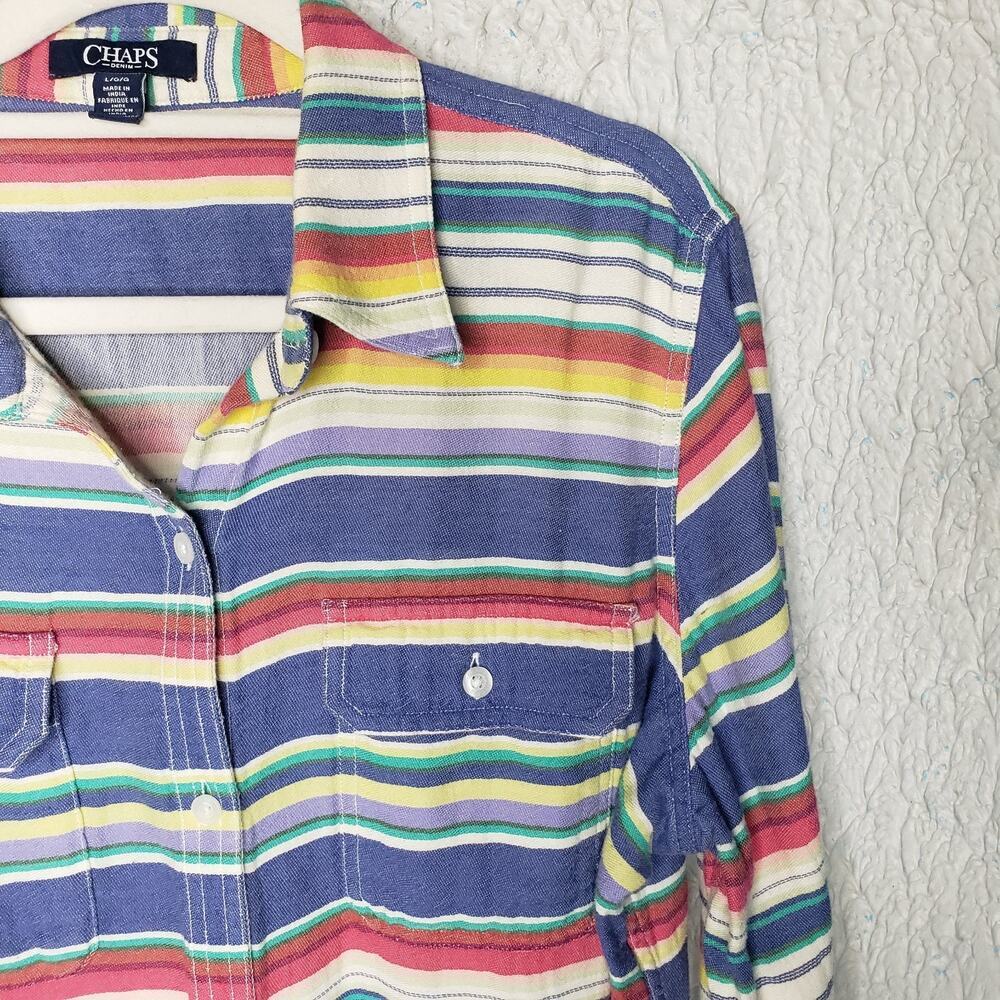 Chaps Denim Long Sleeve Button Shirt Size L Stripes Multi Color Women's - Picture 3 of 13
